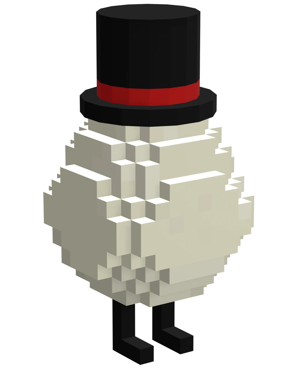 Dapper's original look. This is a custom Minecraft model of the plain white circular egg, but Dapper wears a black top hat with a red ribbon around the base to separate them apart. The hat completely covers the point of the egg, fitting snugly. Two thin black legs stick out from under the egg.